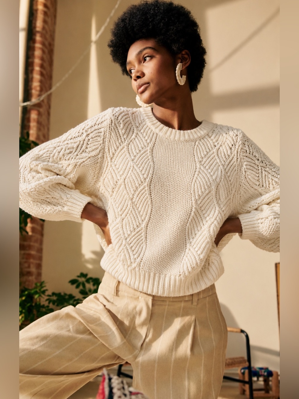 ICHI Kamara Sweater Cable Knit Crewneck Cream XS-M See Measurements